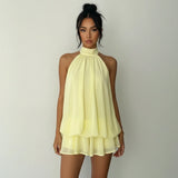 Women's Summer Solid Color Halter Neck Mini Dress Sleeveless Open Back Drop Waist Ruffle Beach Clubbing Dresses