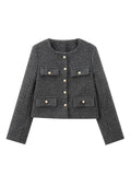 Foridol Tweed Knitted Dark Grey Blazer Coat Women Autumn Winter Gingham Short Coat Office Lady Vintage Buttons Veste