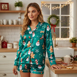 Women Satin 2 Piece Christmas Pajama Set Printed Long Sleeve Button-up Tops and Elastic Waist Shorts Summer Fall Sleepwear