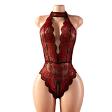 Summer Women Red Crotchless Lingerie Halter Lace Hollow Backless Bodysuit Erotic Costumes Transparent Deep V Sexy Underwear Sets