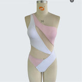 S - XXL New Splicing One Shoulder See Through Mesh Sheer One Piece Swimsuit Women Swimwear Female Bather Bathing Suit Swim K7475
