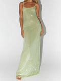 Women Shiny Sequins Dress Summer Draped Backless Spaghetti Strap Party Dress for Vacation Cocktail Beach Streetwear