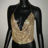 Festival Brilliant Rhinestone Backless Party Crop Top Women 2025 Summer Glitter Evening V Neck Diamonds Metal Tank Tops