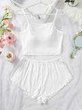 Women's Pajama Set Solid Color Camisole Crop Top and Ruffle Shorts, Sleeveless Soft Sleepwear, Summer Loungewear Outfit