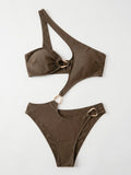 Sexy One Shoulder Swimwear Women Coffee Metal Buckle Hollow Out Backless Thong Bikini Summer Bathing Suit One Piece Swimsuit