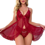 Floral Lace Split Sexy Babydoll Semi-sheer Deep V Bow Ruffle Dress And Panties Underwear Sets Women's Erotic Lingerie Nightgown