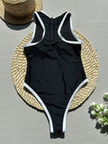 Sexy Black White Patchwork Swimsuit One Piece Zipper Back Thong Bikinis Swimwear Swimsuits Beach Outfits Bodysuit Biquini