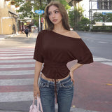 FDYOUI Sexy Short Sleeve Lace-up T-shirts Women 2026 Summer Diagonal Collar Corset Tops Streetwear Y2K Female Bandage T Shirt