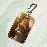 Funny Art Fat Cat Toilet Rectangle Card Case Keychain Access Card Bag Key Tag Ring Leather Card Holder Key Ring Access