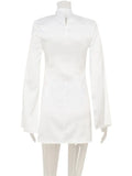 Ahagaga Eelgant Mini Dresses For Women Solid Long Flare Sleeves Turtleneck Sheath Satin Fashion Split Party Slim Fit Female Robe