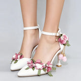 Small Big Size 32-46 Women's Elegant Pink Flowers High Heels Sandals Summer Sexy Pointy Toe Party White Wedding Sandals Shoes