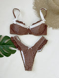 2025 Fashionable Women Two-Piece Swimsuit Adorable Chocolate Dot Design with Lace Detail Perfect for Beach Wear and Pool Parties