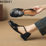French Slip-on Single Shoes Retro British Shoes for Women Brown T-Strap Shallow Flat Sandals Soft Leather Rome  Summer New 32-43