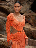 DEKA New Sexy Knit Mesh Cut Out Deep V Neck Long-sleeve Lace-up Fringe Tunic Summer Women Swimsuit Cover-ups Beach Maxi Dress