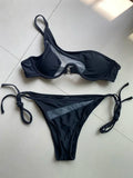 Splicing Mesh Underwire V-bar One Shoulder Bikini Women Swimsuit Female Swimwear Two Pieces Bikini Set Push Up Bathing Suit Swim