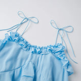 Women's Summer Solid Color Romper Dress Sleeveless Tie Spaghetti Strap Ruffle Jumpsuit Shorts Playsuit