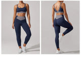 Summer Color-block Yoga Sets Women Thin Strap Open Back Shockproof Sports Bra Tight High Waist Leggings Training Fitness Suits