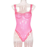 Toucheart Sexy Mesh Patchwork Embroidery Jumpsuit For Women Lace Sling Underwear Solid Color Sexy See-Through Backless Jumpsuit