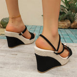 Women's Black Suede Dual Straps Straw Wedge Slide Mules Platform Sandals Summer Beach Travel Daily Casual Shoes EUR Size 43