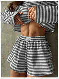 Summer Striped Pajama Sets for Women Sleepwear Long Sleeve Top and Shorts 2 Piece Set Casual Home Wear Loungewear