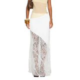 Women's Summer Satin Lace Patchwork Long Skirts Mid Waist Solid Color Fashion Elegant Asymmetric Skirts