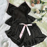 Summer Pajamas Set Women's Smooth Satin V-Neck Ruffled Edges Tops and Bow Shorts Pajama Sling Home Clothing