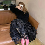 Women Summer Maxi Skirt Retro A-Line Large Hem Skirt Solid Color 3D Dot Decor High Waist Long Skirt