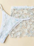Sexy Shiny Sequin Blue White Bikini Set Women 3D Mesh Flower Cover Up 3 Piece Thong Swimsuit Beach Holiday Bathing Suit Swimwear