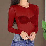 Women Mesh Bottoming Shirt See through O Neck Long Sleeve Lady Blouse Slim Fit Sexy Clear Sun Gauze Tops