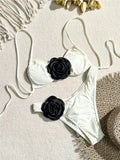 Sexy 3D Flower Patchwork Swimwear Thong Bikini 2024 Women Lace-up Swimsuit Halter Drawstring Swimming Bathing Suit Biquini Mujer