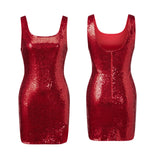 Women Sparkle Sequined Tank Dress Sleeveless U Neck Slim Fit Sexy Slit Mini Dress for Club Party Evening Summer
