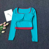 Autumn New Contrasting Yoga Suit for Women with Chest Pad Top Slim and Slim Pilates Running Sports Fitness Long Sleeves Shirts
