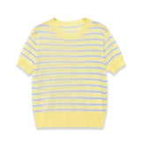 Fashionable Casual Striped Short-sleeve Knit Shirt Women Yellow Blue Striped Short Sleeve Knit Top Crew Neck Summer T Shirt SEUY