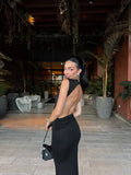 FDYOUI Elegant Sexy Sleeveless Backless Long Holiday Beach Dress Women Chic Hollow Out Solid Long Maxi Evening Party Dresses