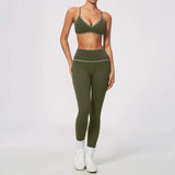 New Yoga Suit Women Color Blocked V-neck I Shape Sports Bra Fitness Clothes Summer Tight Running High Waist Leggings Tracksuit