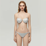 Peals Shell Push Up Bikini Set Women Pink White Underwire Bra Mesh Skirt 3 Piece Swimsuit 2025 Beach Bathing Suit Thong Swimwear