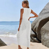 S - XL 2025 V Neck Hollow Out Crochet Knitted Tunic Beach Cover Up Long Cover-ups Beach Dress Beach Wear Beachwear Female Women