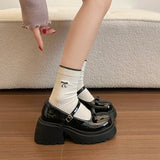 Japanese Style Bow Chunky Platform Pumps Women Ankle Buckle Thick Heels Mary Jane Shoes Woman Preppy High Heel Pu Leather Shoes