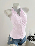 Summer Casual Shirt Women's Blue Striped Halter Top V Neck Button Down Sleeveless Slim Fit Blouse 2026 Y2K Style Streetwear