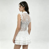 Women's Solid Color Lace Tank Tops Mandarin Collar Sleeveless Frog Buttons Summer Vest