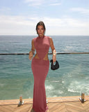 FDYOUI Elegant Sexy Sleeveless Backless Long Holiday Beach Dress Women Chic Hollow Out Solid Long Maxi Evening Party Dresses