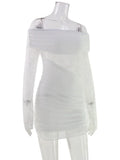 Ahagaga Eelgant Dresses For Women Slash Neck Lace Patchwork Sheath Fashion Slim Fit Trend Party Female Long Sleeves Summer Robes