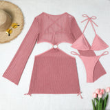 Women micro mini halter bikinis sets 3pcs with knitted long sleeve hollow out mini dress swimsuit bathing suit beach outfits