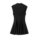 Foridol Stand Collar Sleeveless Pleated Tank Dress for Women Brown Casual Short Autumn Winter Dress Zip Black Ladies Vestidos