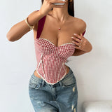 Retro French Jacquard Red Plaid Camisole 2026 Women Sexy Lace Trim Spliced Off Shoulder Chest Wrapped Fishbone Chest Party Tops