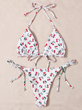 With Mesh Skirt Cherry Printed Bikini Female Swimsuit Women Swimwear Three Pieces Bikini Set Halter Bathing Suit Swim Beachwear