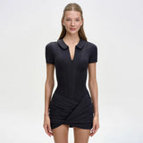 FDYOUI Women's Polo Collar Zip-up Jumpsuit Dress Chic Short Sleeve Folds Solid Bodysuits One Piece Yoga Fitness Sporty Playsuits