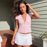 Women's Solid Color Short Sleeve Tops Eyelet V Neck Button Down Slim Fit Shirts Fashion Summer Retro Casual Cropped Blouse
