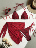 with Mesh Sarong Lace Halter High Cut Bikini Female Swimsuit Women Swimwear Three-pieces Bikini Set Bathing Suit Swim Beachwear