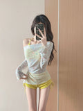 Long Sleeved Sun Protection Star Print Cover Up 3 Piece Bikini Set Swimwear Women Drawstring Side Holiday High Waist Swimsuit